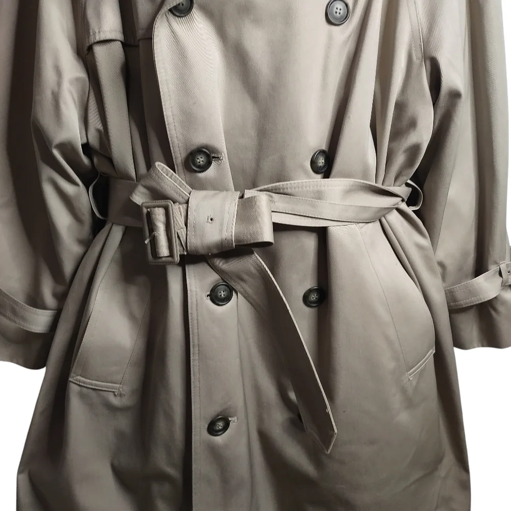 London Fog Men's Beige Double Breasted Belt Removable Liner Trench Coat Size 44